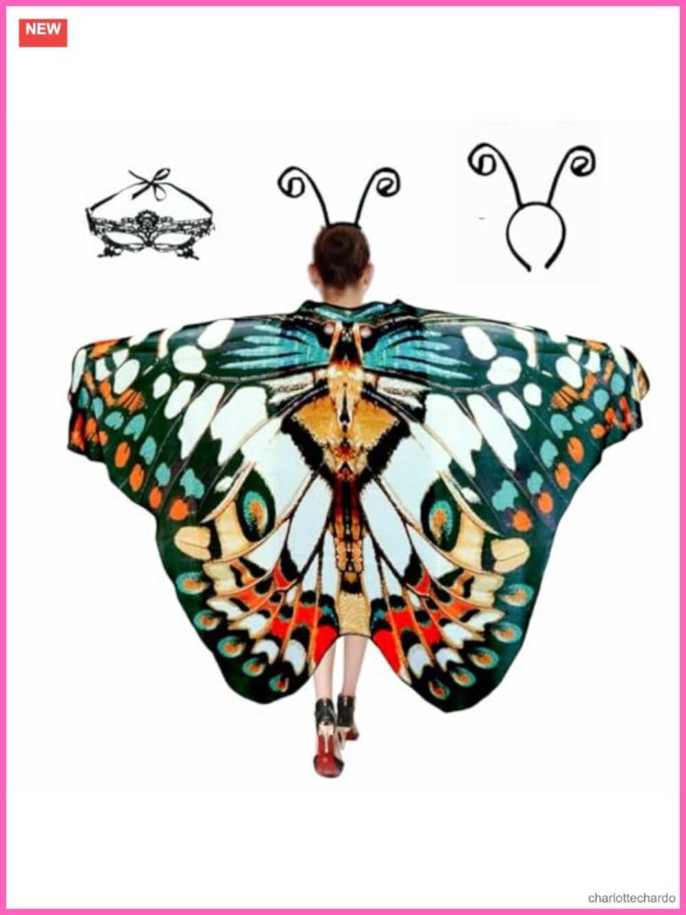 Butterfly Wings Costume for Women Halloween Moth Cape with Mask & Headband